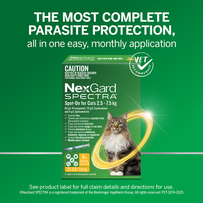 NexGard Spectra Spot-On for cats 2.5 to 7.5kg, 6-pack box