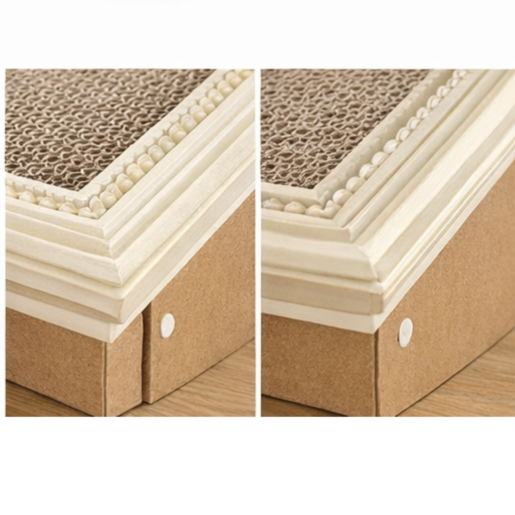 Close-up of Nekono Claws & Canvas cat scratcher showing wood-effect frame and corrugated cardboard scratching surface detail