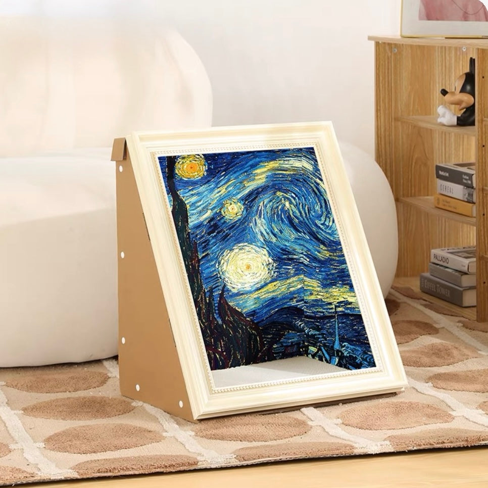 Nekono Claws & Canvas art series cat scratcher featuring Van Gogh Starry Night, styled in a modern living room