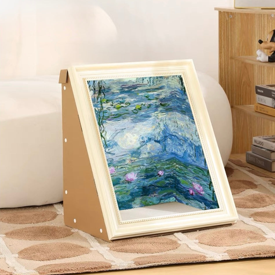 Nekono Claws & Canvas Monet Water Lilies edition art cat scratcher on neutral background
