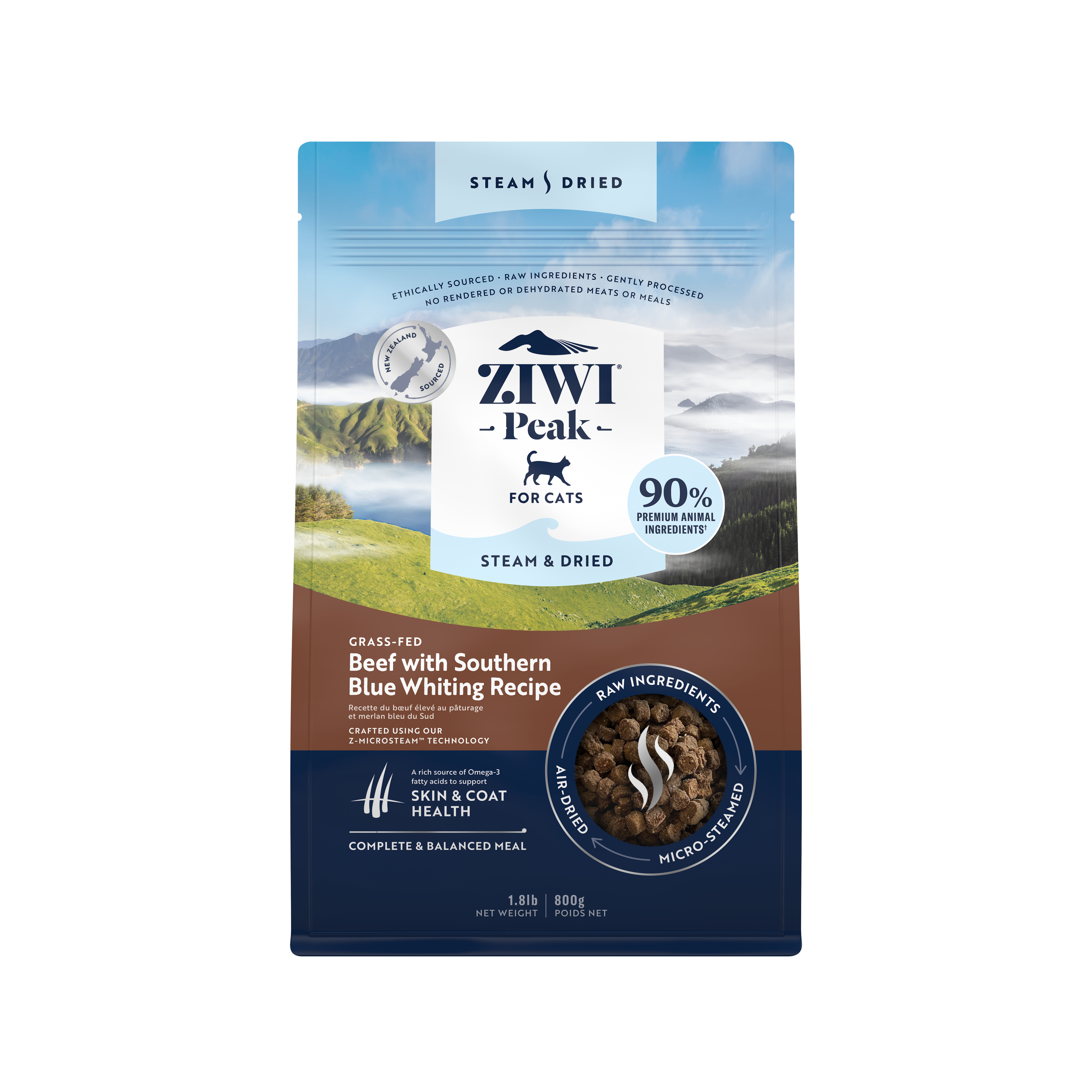 Ziwi Peak Steam Dried Cat Food 800g Beef with Southern Blue Whiting