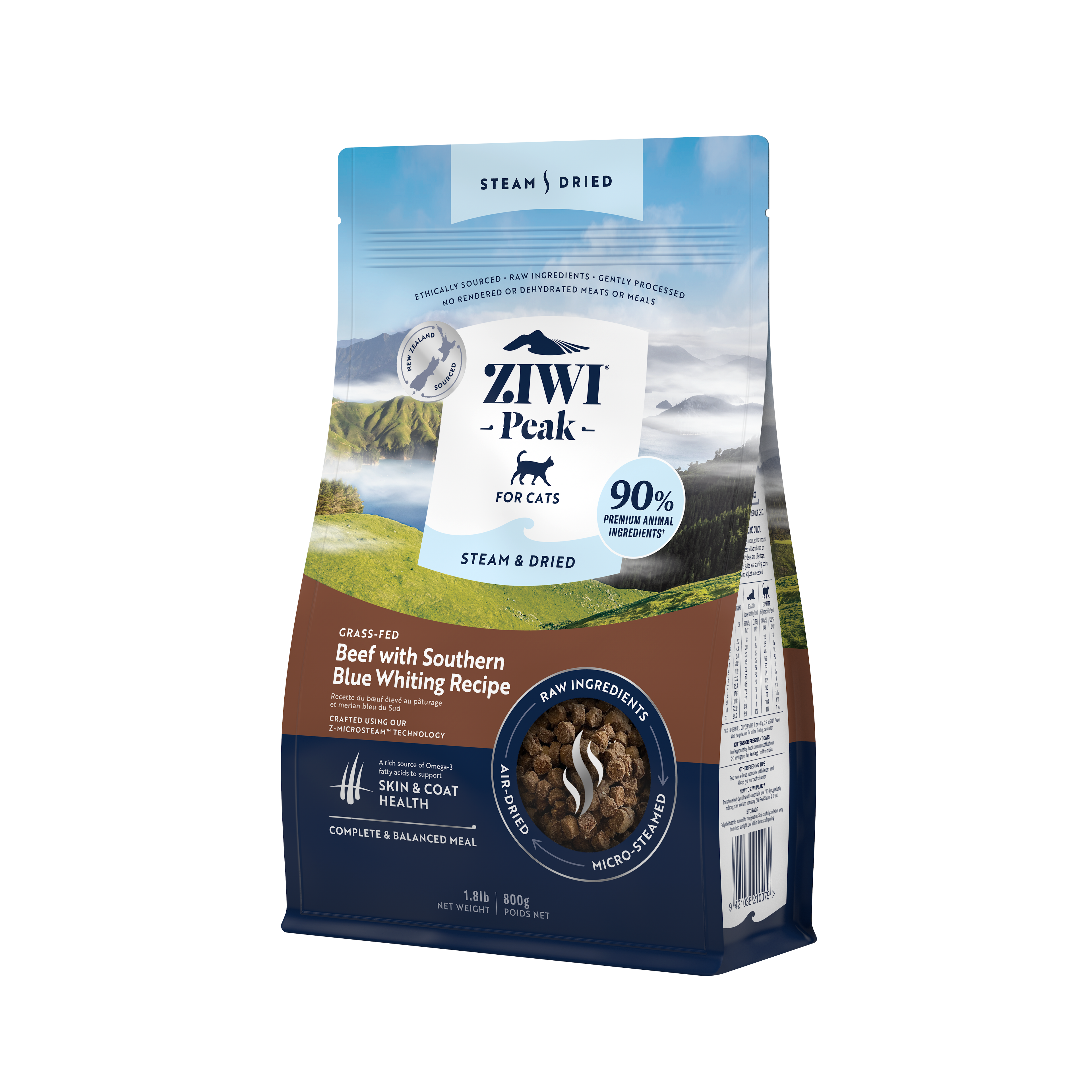 Ziwi Peak Steam Dried Cat Food 800g Beef with Southern Blue Whiting