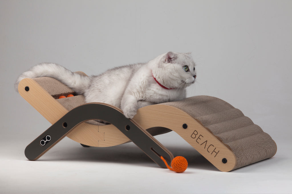 A white cat relaxing on the adjustable Nekono Beach Chair, showing the ergonomic lounge shape for cats.