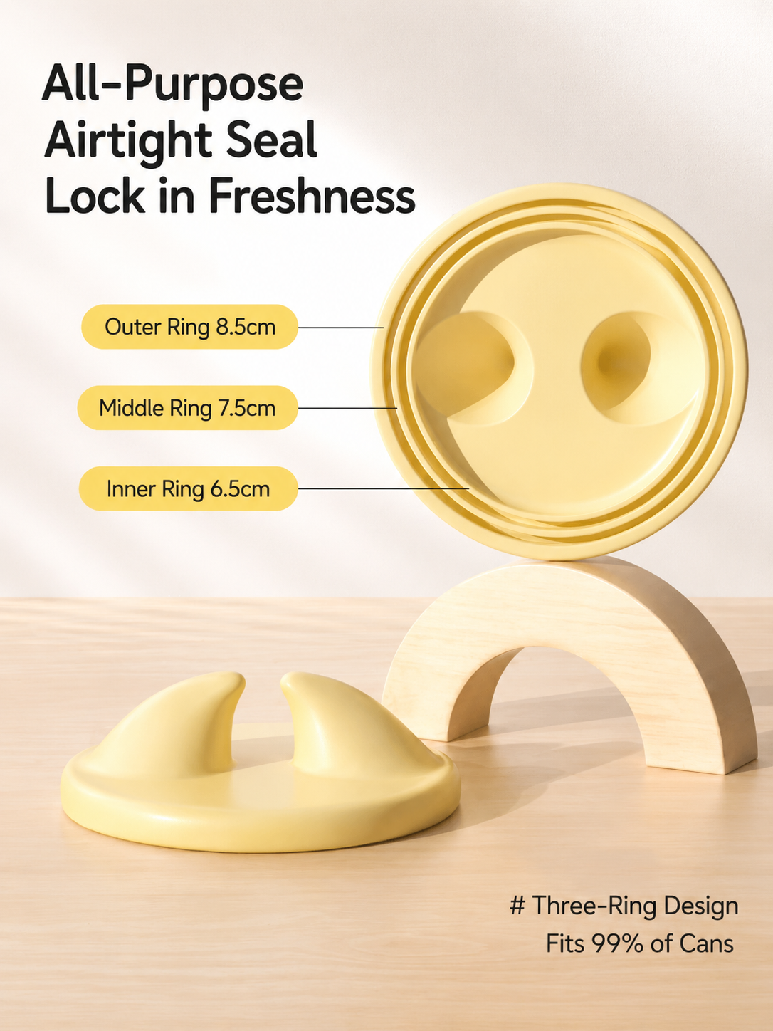 Close-up of the airtight 3-ring design on the underside of the silicone lid, specifying dimensions for outer ring 8.5cm, middle ring 7.5cm, and inner ring 6.5cm