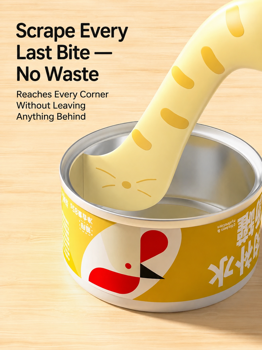 A yellow cat-tail-shaped spoon scraping the bottom edge of a wet cat food can to eliminate food waste