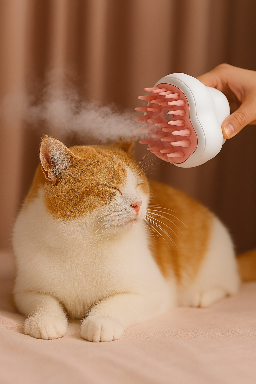 demonstration of the fine mist spray from the MistBrush on an orange tabby cat