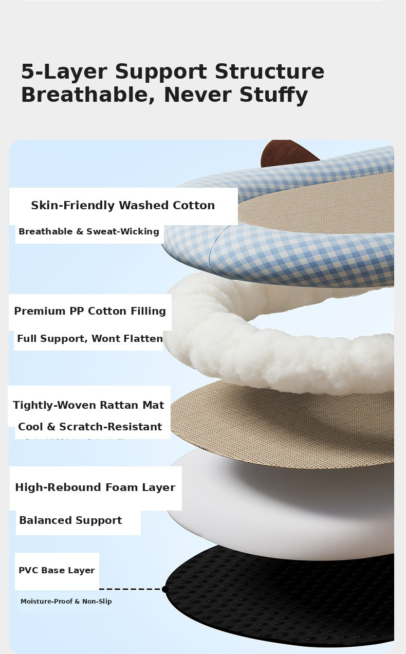 Nekono Babe cooling cat pad 5-layer construction — cotton, PP filling, rattan mat, foam and PVC base