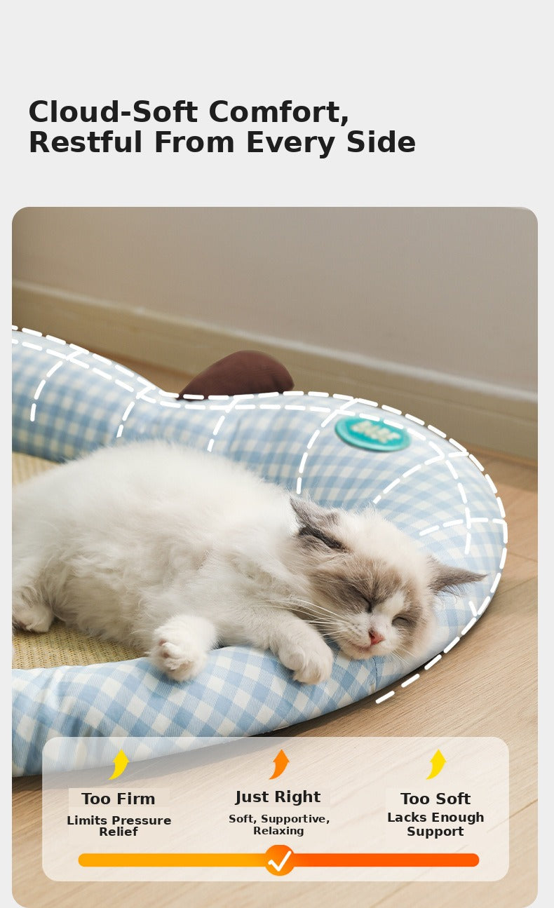 Nekono Babe rattan cat pad firmness guide showing balanced support for pressure relief