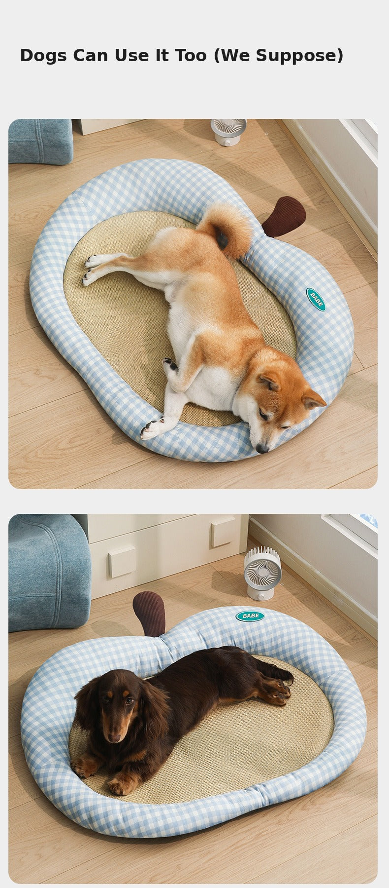 Nekono Babe pet bed shown with Shiba Inu and Dachshund lounging on the rattan cooling mat