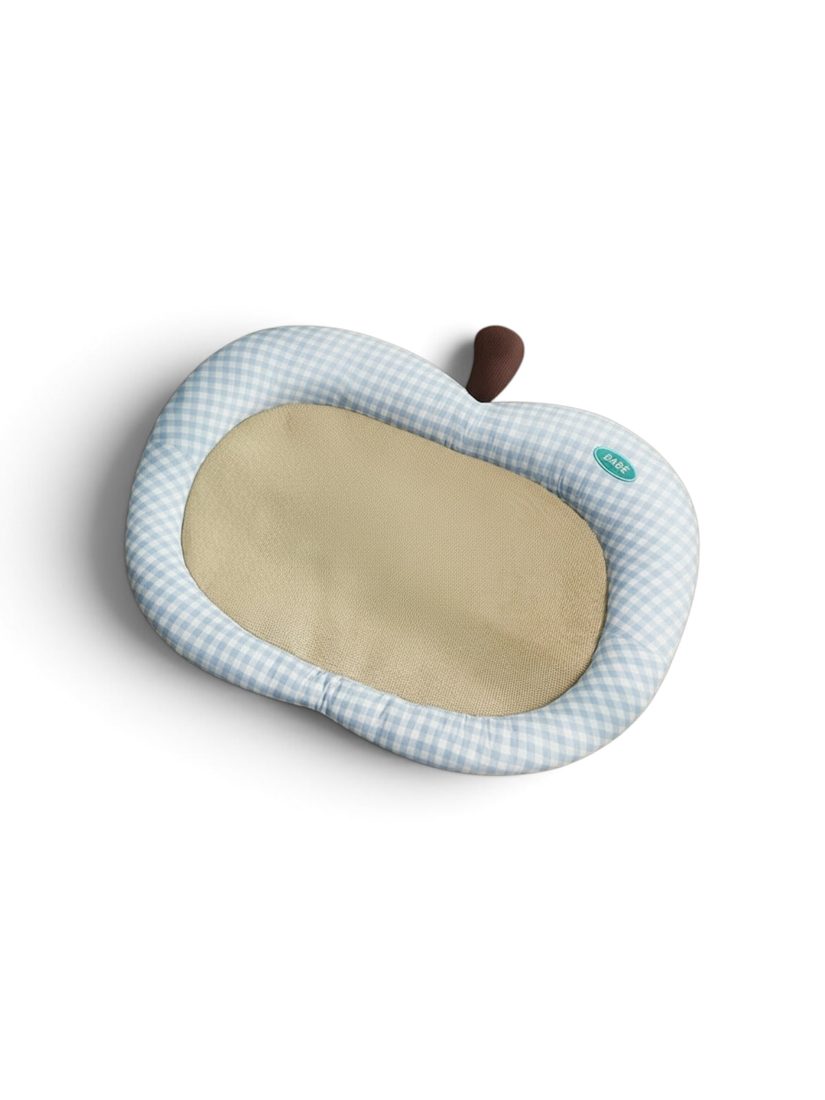 Nekono Babe cooling rattan cat pad in apple-shaped blue gingham design, top view