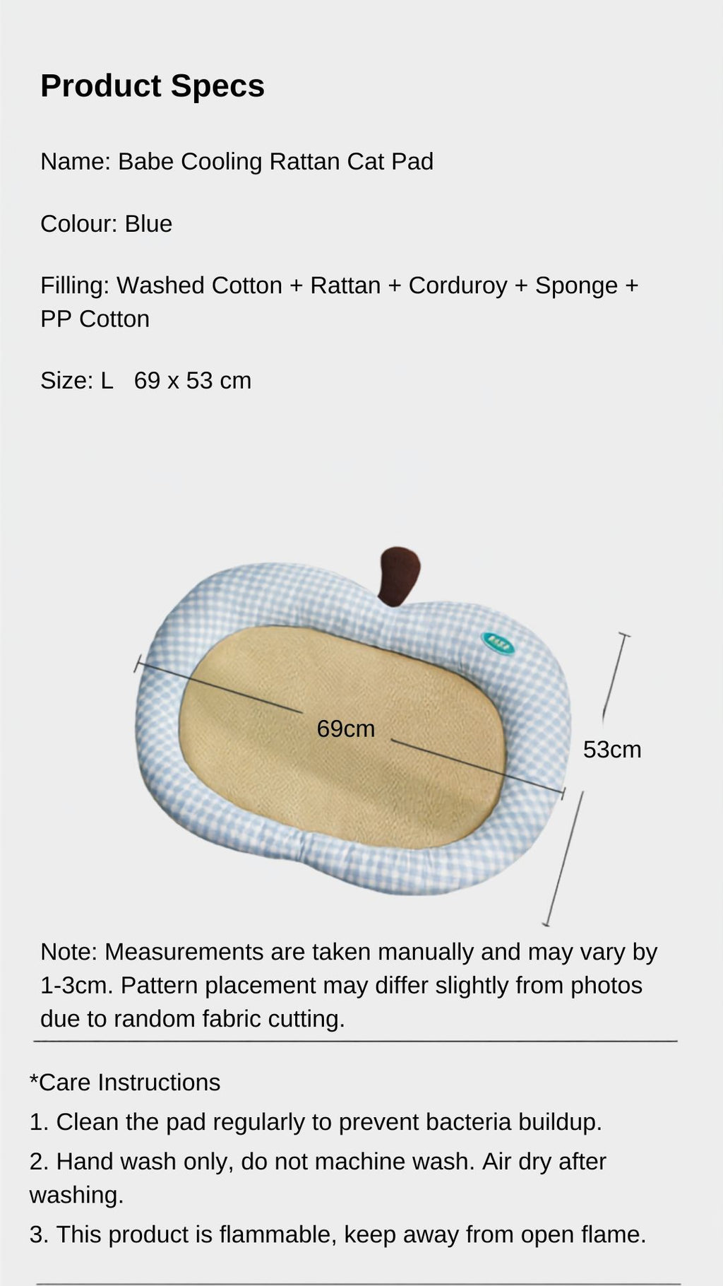 Nekono Babe cooling rattan cat pad product specifications — size, colour and filling details