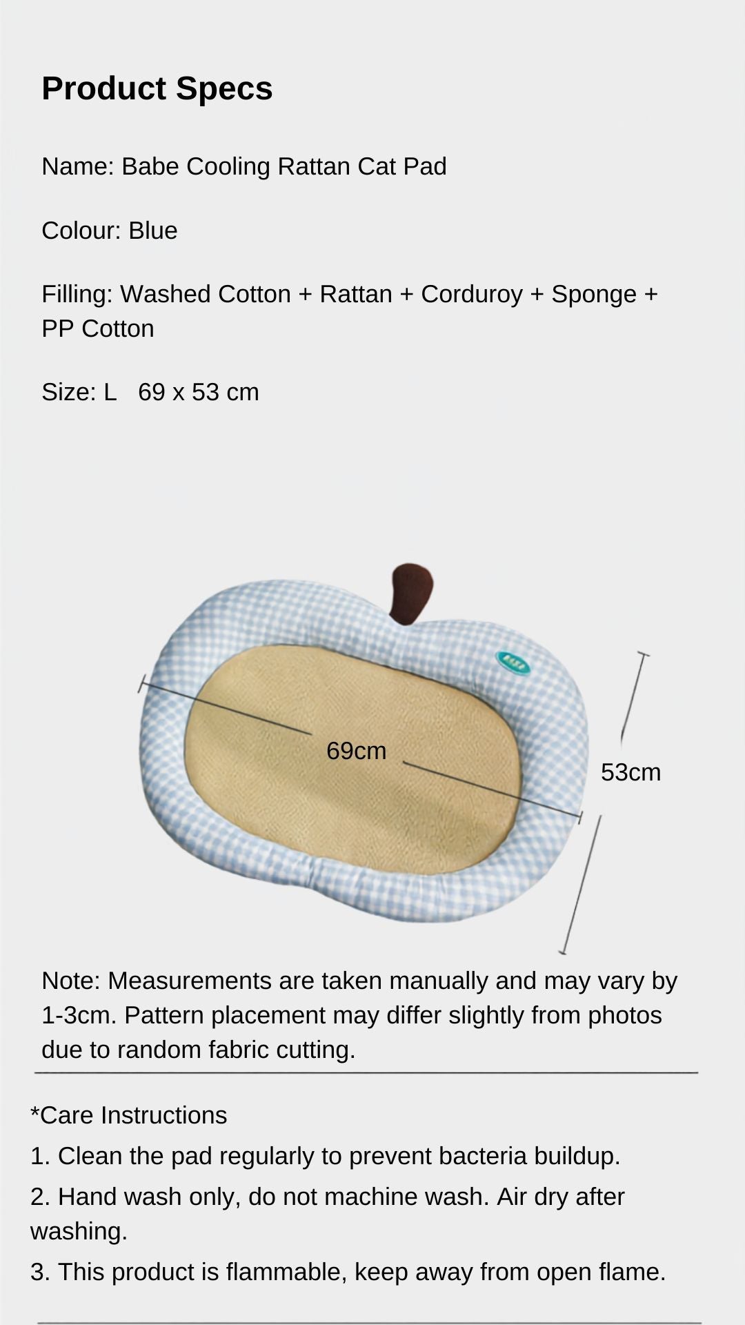 Nekono Babe cooling rattan cat pad product specifications — size, colour and filling details