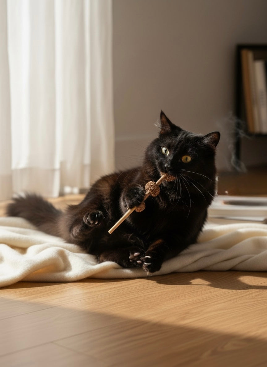Black cat relaxing with a Cattem Kebab silvervine gall fruit cat toy