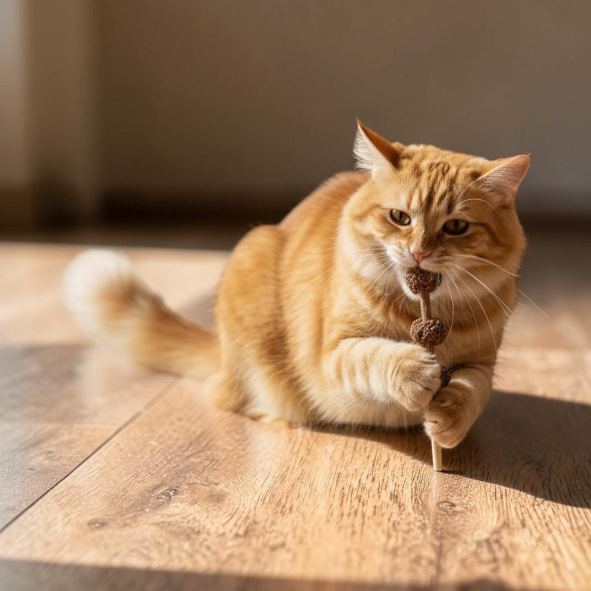 Ginger cat playing with a Cattem Kebab silvervine chew stick on a wooden floor