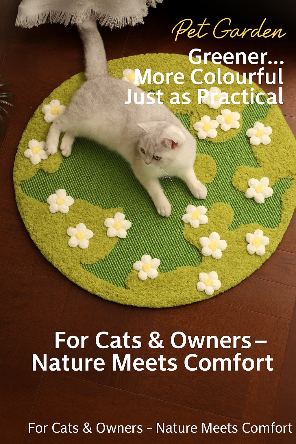 A white cat lounging on the green Spring Meadow sisal mat, showing the 80cm jumbo size suitable for large breeds and multi-cat households