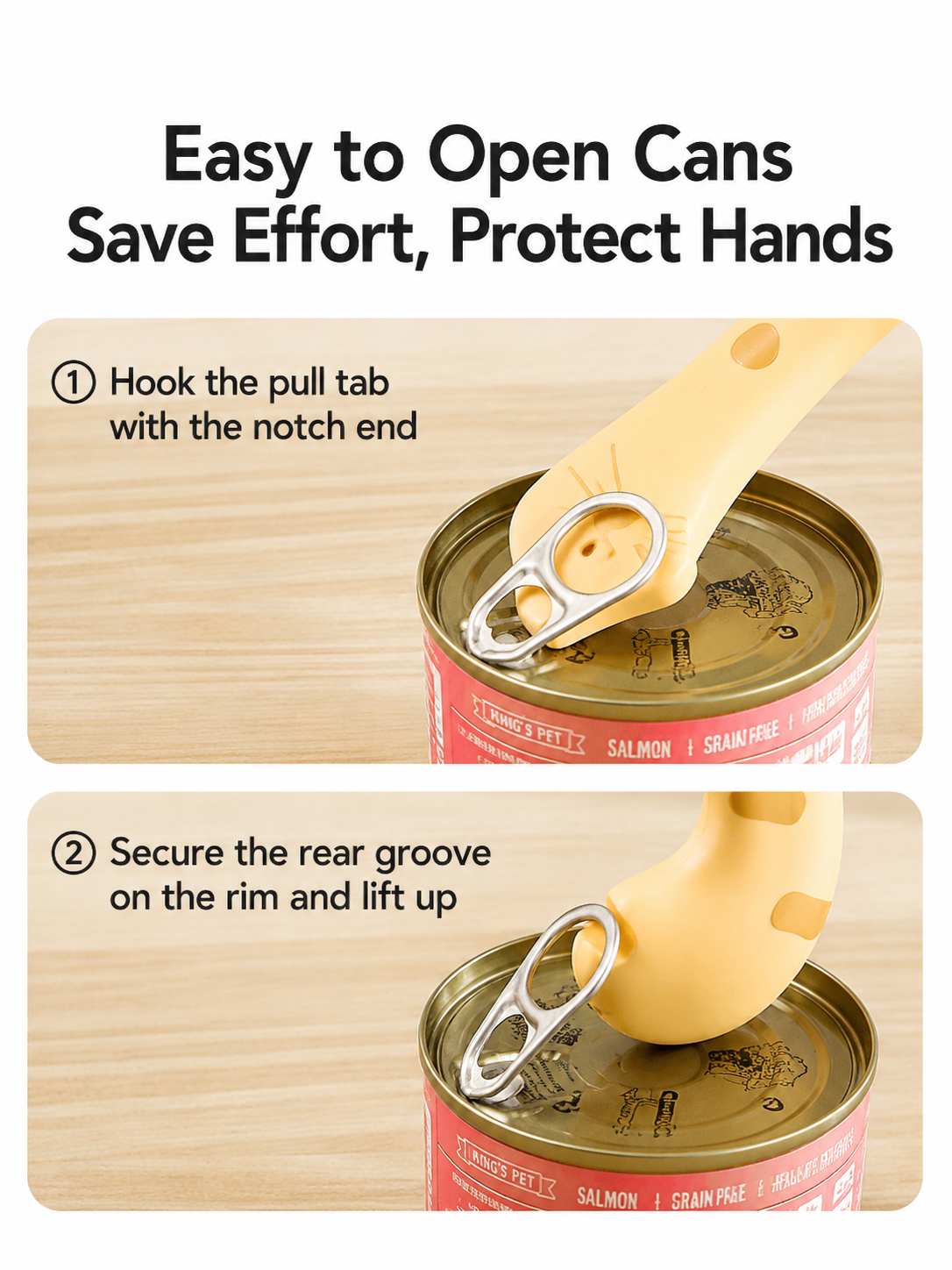 Step-by-step guide showing how the notch on the cat-tail tool hooks and lifts a pull-tab to open a can easily without hurting nails
