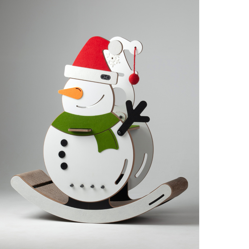 Clean studio front-facing shot of the festive snowman cat rocking lounge on a solid light gray background