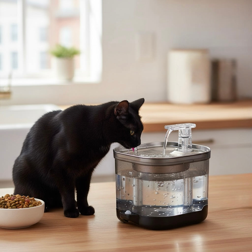 Black cat drinking from Nekono Aqua Pro II wireless cat water fountain placed in home living area
