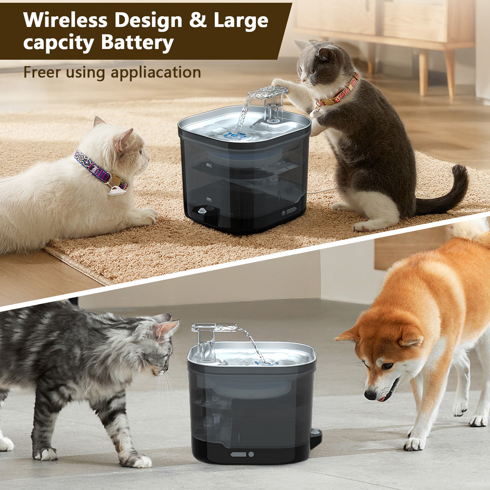 Nekono Aqua Pro II wireless design with large capacity battery — cordless cat water fountain suitable for cats and small dogs, place anywhere in the home