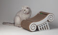 Fluffy white cat sitting next to the Greek-themed Nekono Athens Capital Cat Scratcher with a curved design.