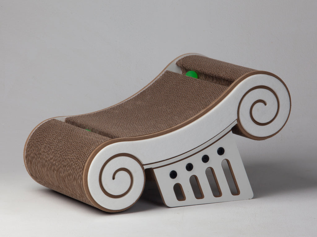 Angled view of the elegant Athens Capital cat scratcher, highlighting the corrugated paper texture and architectural shape