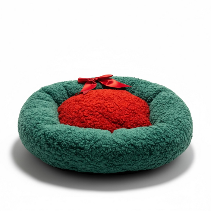 Nekono Calming Donut Cat Bed in green with a plush red centre cushion