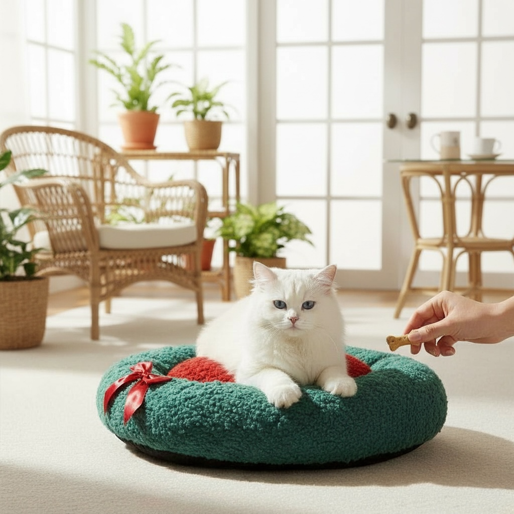 White cat relaxing in the raised rim of the green Nekono Calming Donut Cat Bed in a bright living room