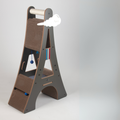 Full side-angled view of the grey Eiffel Tower cat furniture, showcasing all levels and hanging interactive toys.