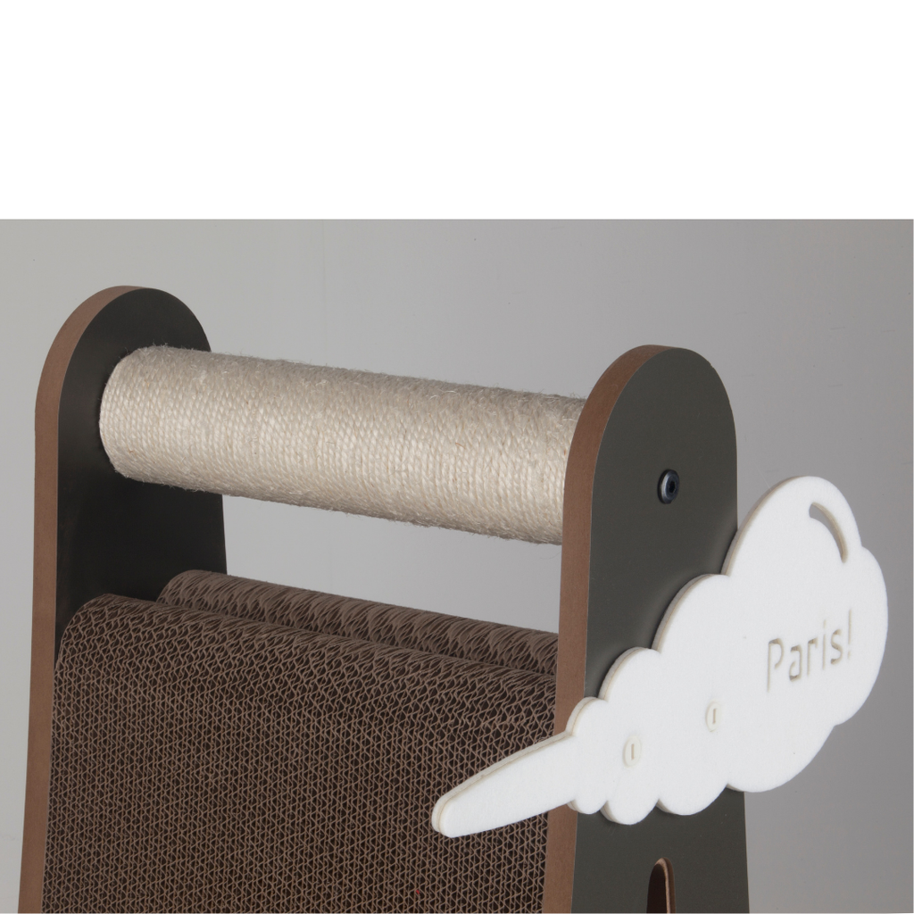 Close-up of the premium scratching materials, featuring a jute rope post, dark corrugated paper platform, and white cloud detail