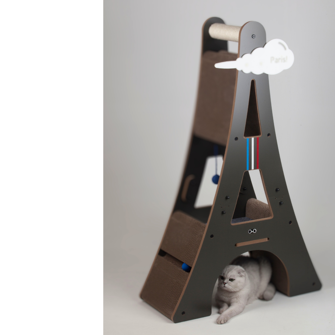 Angled view of the Nekono Eiffel Tower cat scratcher demonstrating its space-saving footprint and stable base.