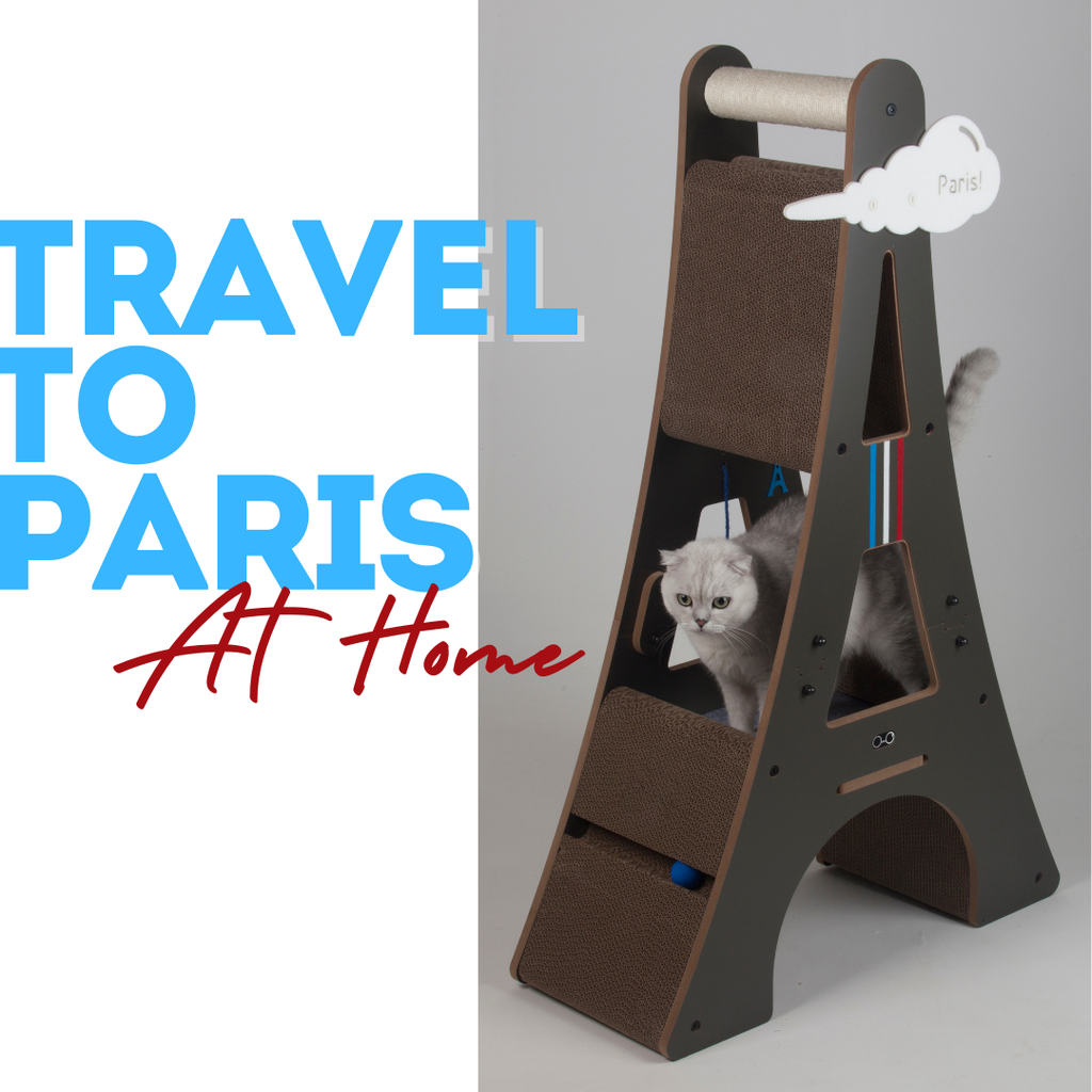 Side profile of the Eiffel Tower cat tree with a Travel to Paris At Home graphic, displaying the angled climbing structure.