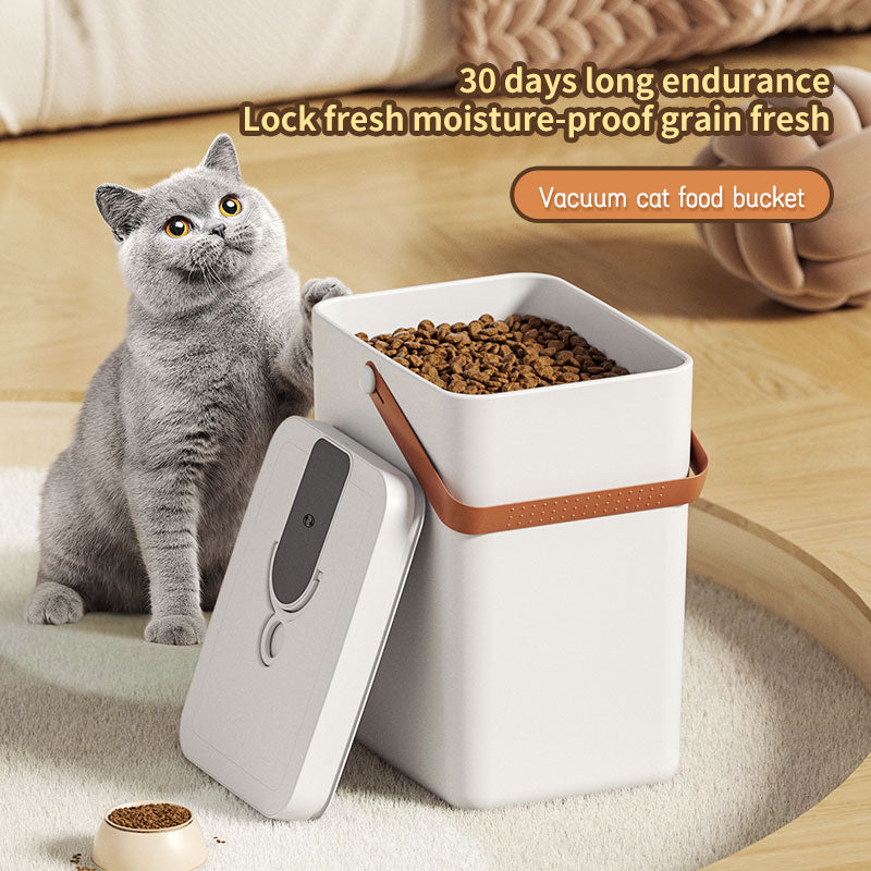 Grey cat beside Nekono FreshKeeper vacuum seal container — 30-day moisture-proof freshness for dry cat food