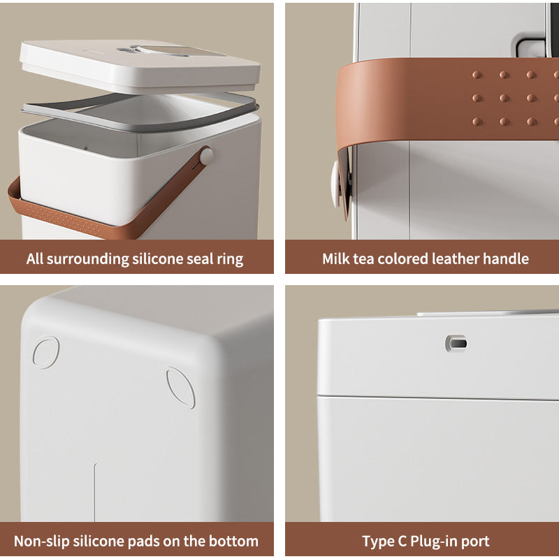 Nekono FreshKeeper detail showing full-perimeter silicone seal, tan carry handle, non-slip base, and Type-C charging port