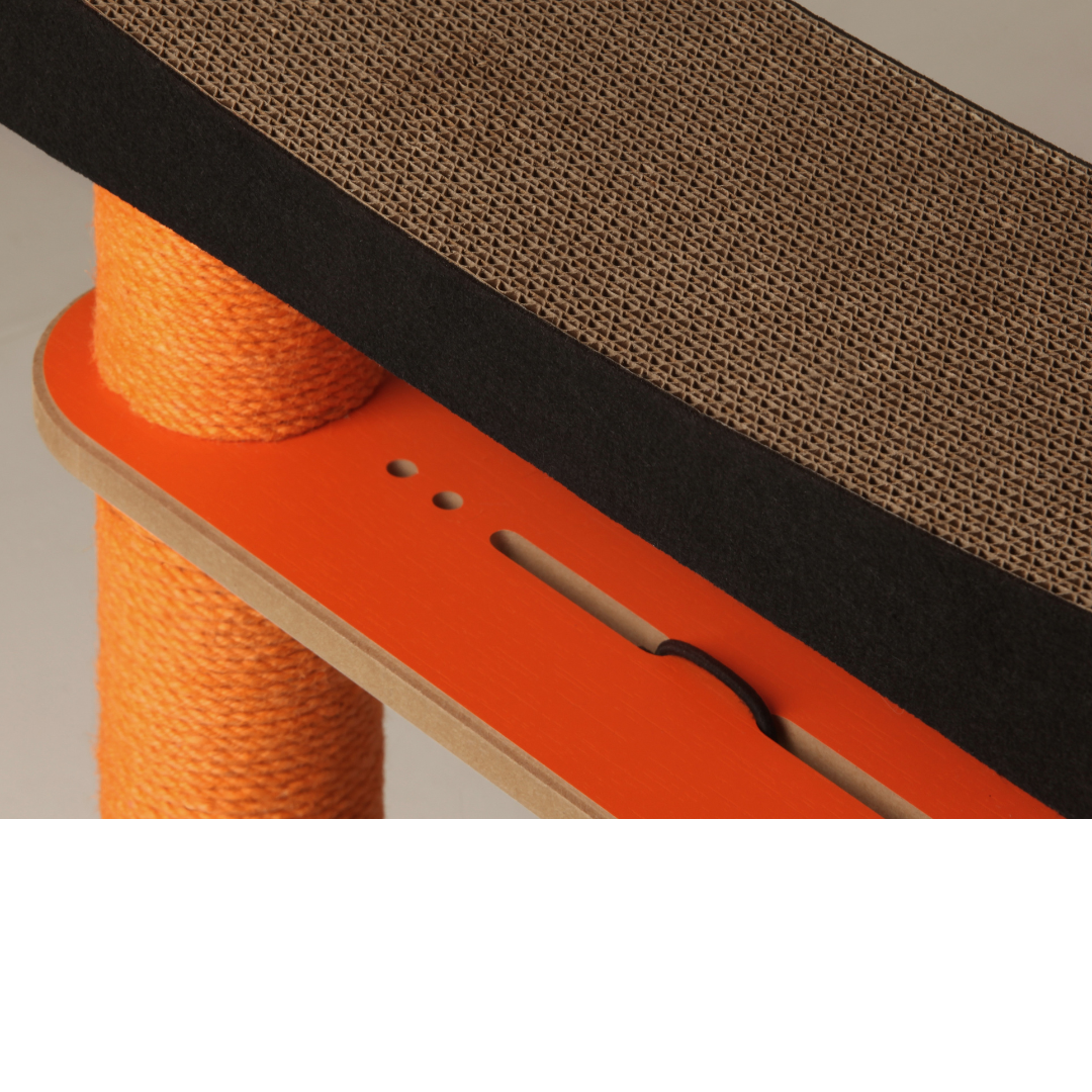 Detail shot of the orange wooden crossbeam and underside of the corrugated scratching platform.