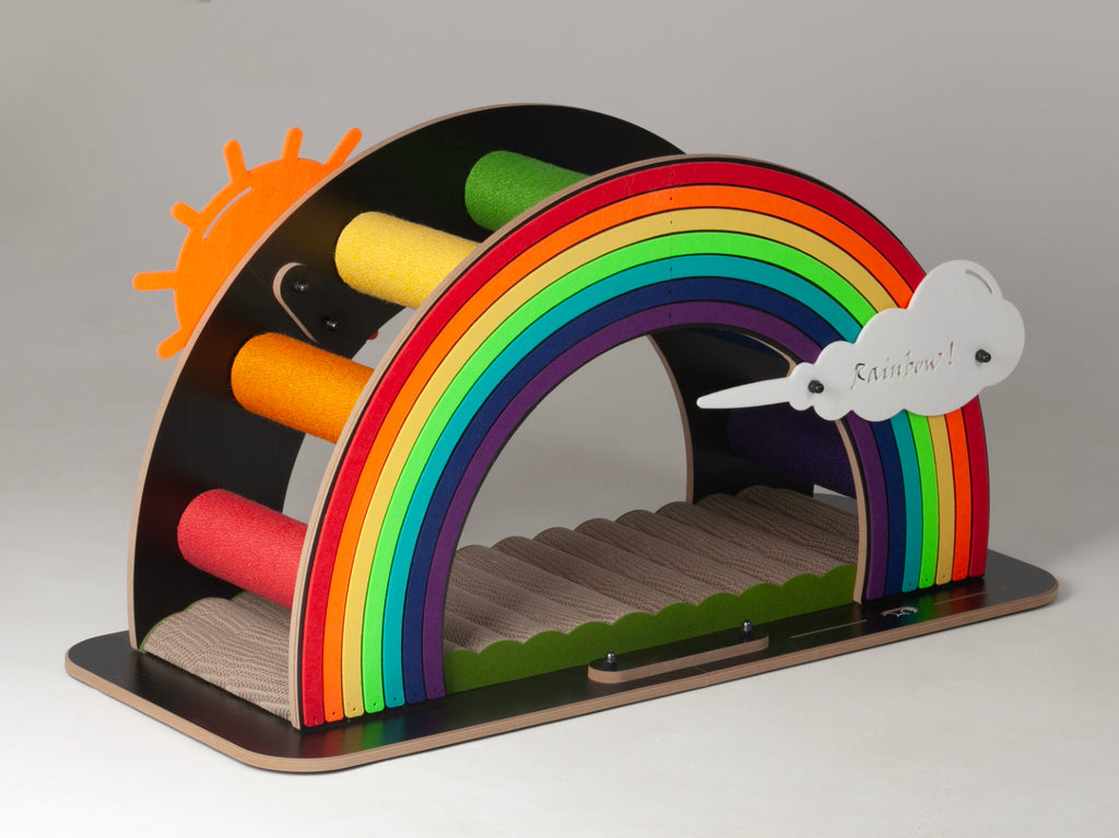 Full front view of the 105cm Large Nekono Rainbow Bridge Cat Scratcher (OA-007) with vibrant colors and sun/cloud details.