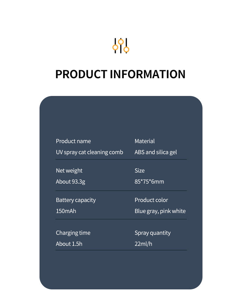 Technical specifications table for Nekono MistBrush showing 93.9g weight, 10mm silicone bristles, and 1.5h Type-C charging time