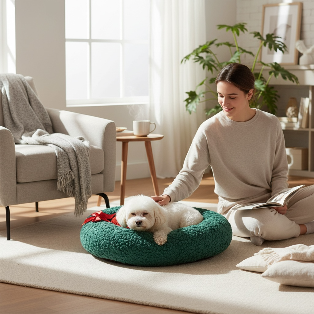 Small white dog resting in the plush green Nekono donut pet bed beside its owner at home