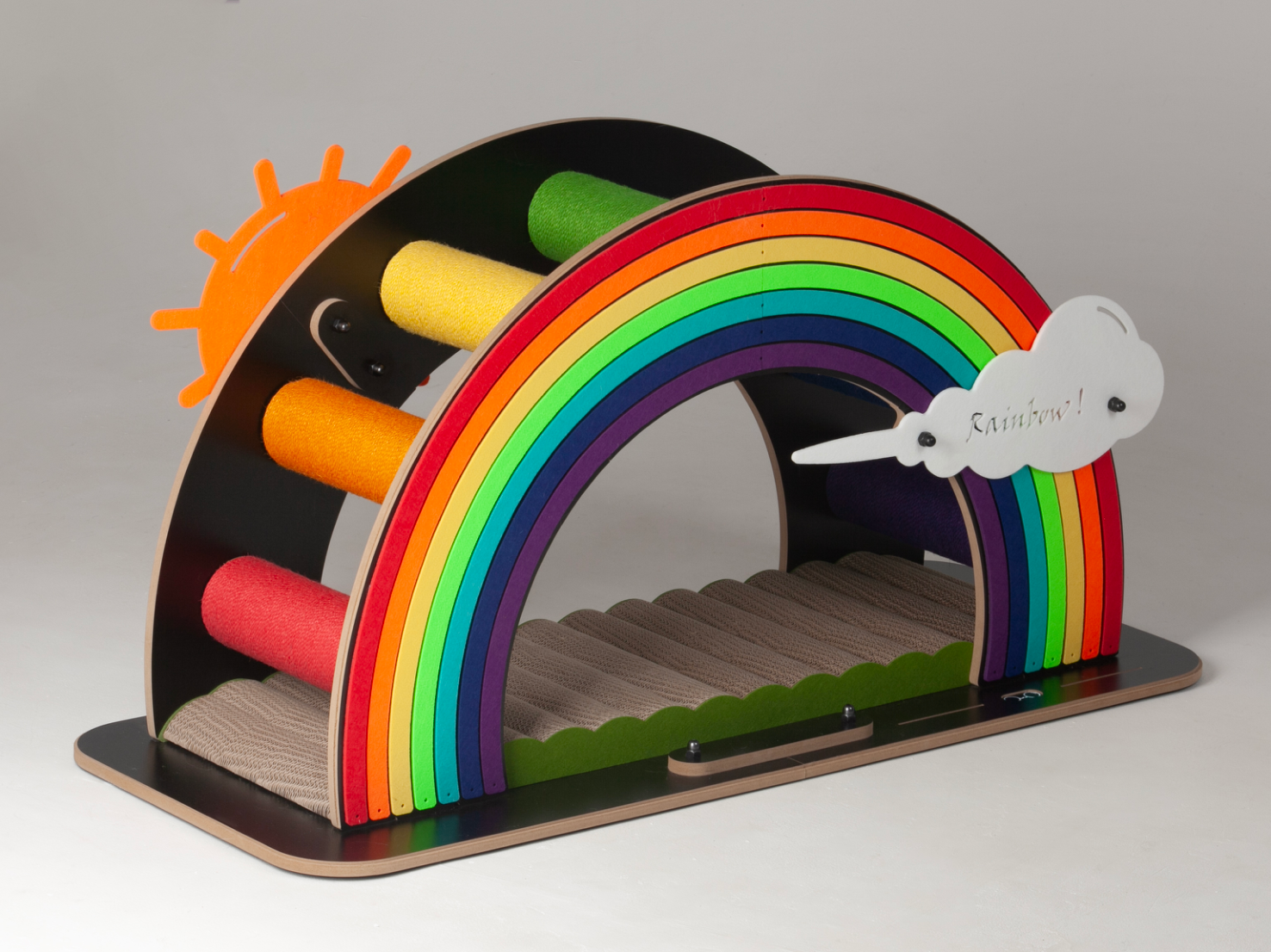 Studio shot of the complete Large Rainbow Bridge Cat Scratcher with a cat, perfect for multi-cat homes