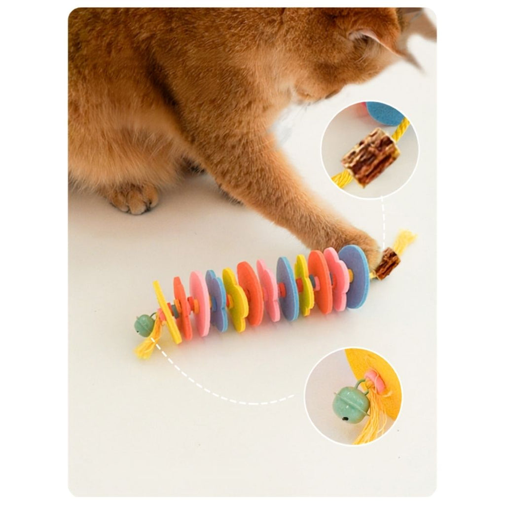 Ginger cat pawing at the R.U.S.H. wool felt silvervine toy, with close-ups of the silvervine wood and jingle bell