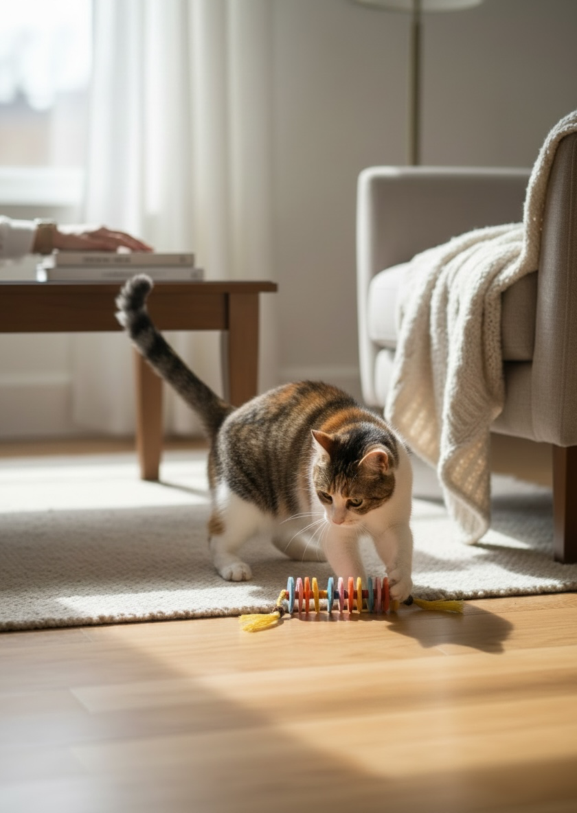 Cat playing with the Nekono R.U.S.H. silvervine wool felt cat toy on a living room floor