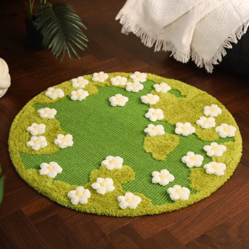 Nekono Spring Meadow 80cm circular cat scratch mat made of natural green sisal and white teddy velvet flowers, styled as a premium living room rug for cats and owners