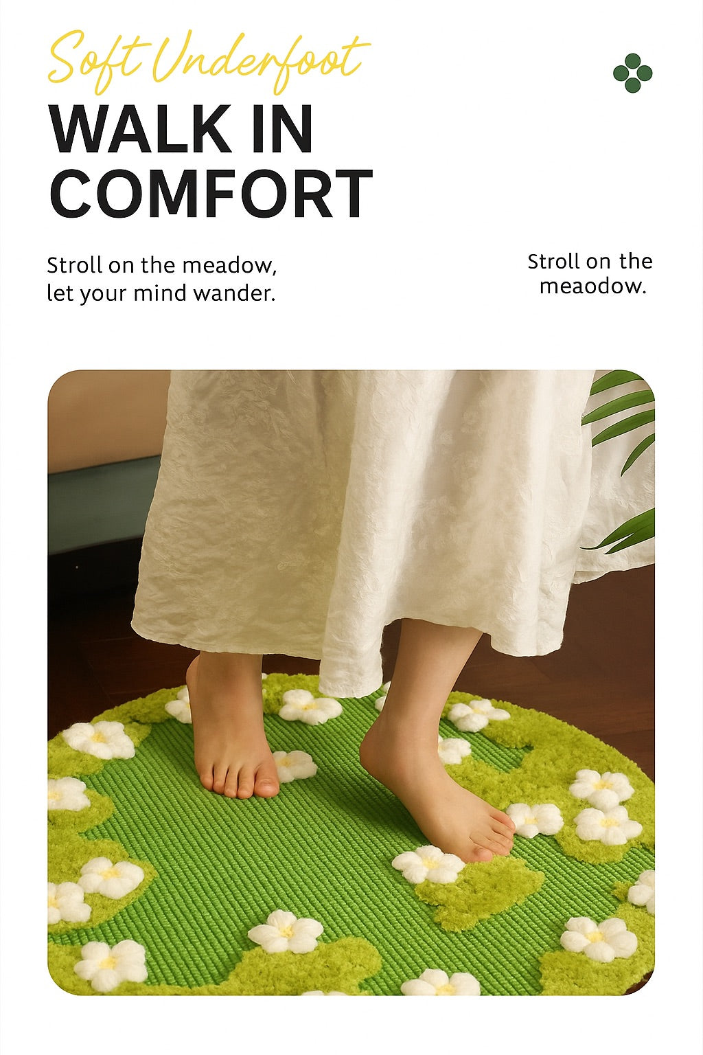 A person walking barefoot on the Nekono Spring Meadow rug, demonstrating the soft teddy velvet texture and its use as a comfortable bedroom or living room floor accent.