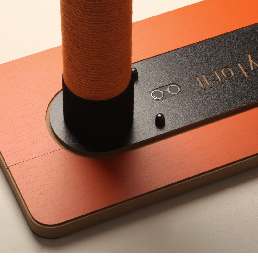 Close up of the sturdy MDF base and orange jute pillar connection on the Torii cat furniture