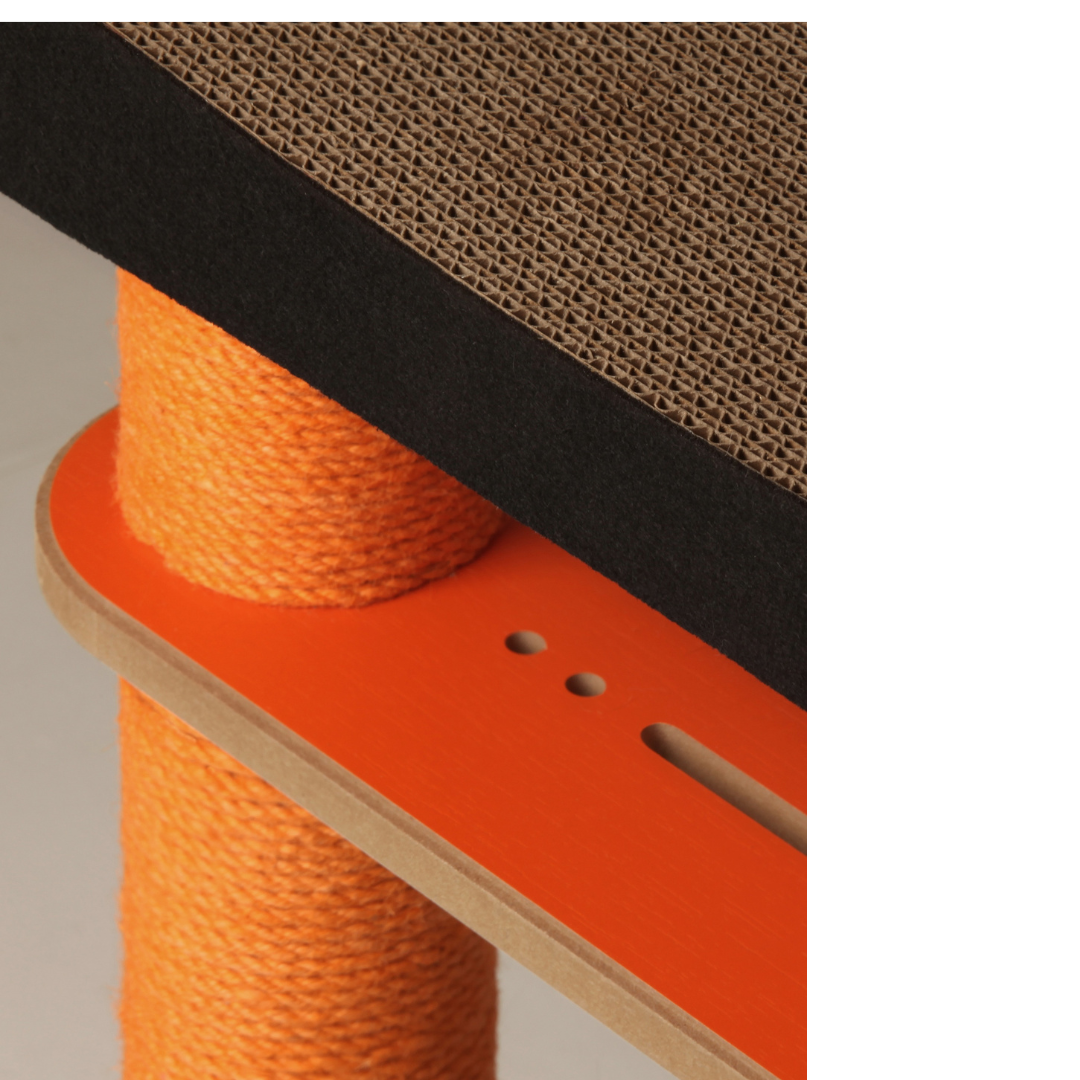 Close up view showing the high-density corrugated paper texture on the Torii cat tree.