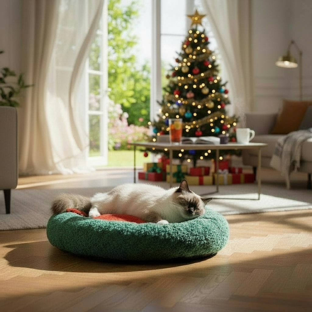 Fluffy cat resting in the warm green Nekono donut cat bed in a cosy, sunlit living room