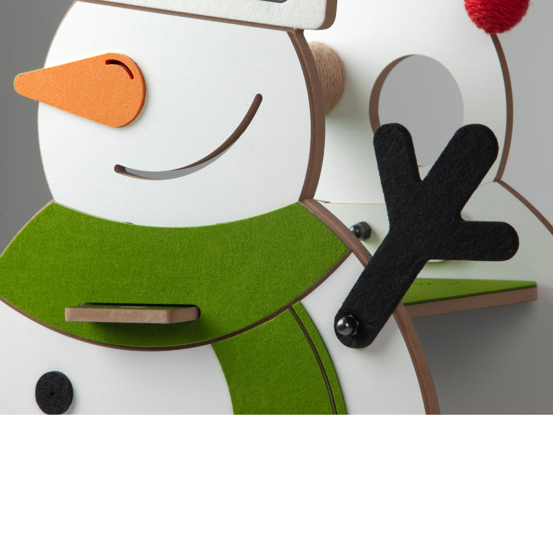Detailed close-up of the snowman cat furniture showing the iconic orange nose, green felt scarf, and black waving hand accent.