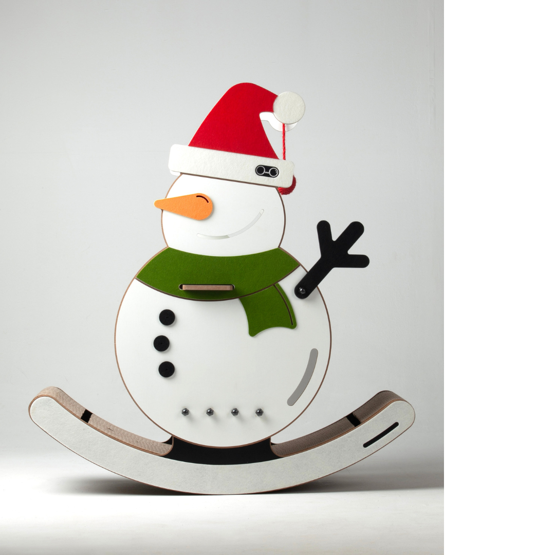 Full isolated front view of the Nekono snowman cat scratcher rocker featuring its Christmas Santa hat and green scarf design.