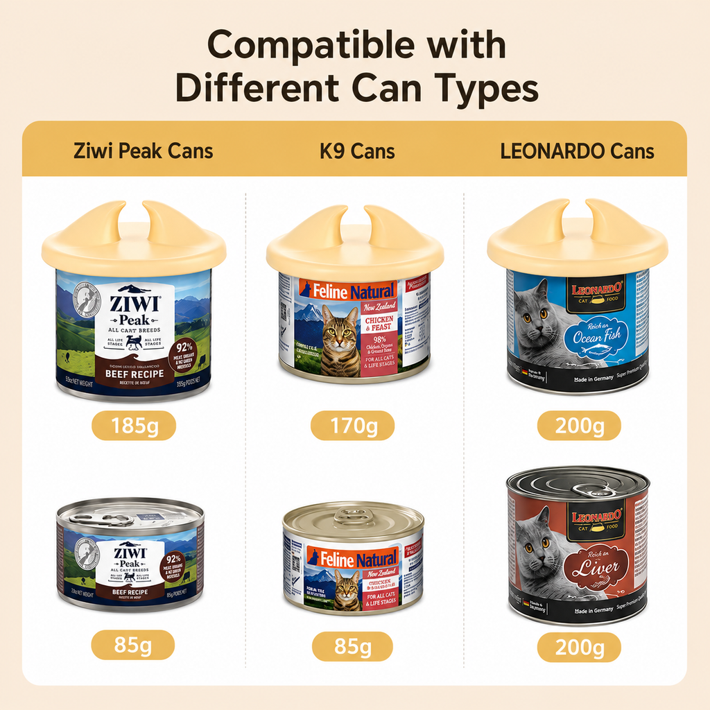A compatibility chart showing the silicone lid fitting various cat food can sizes including 85g, 170g, and 200g from brands like Ziwi Peak and K9 Natural