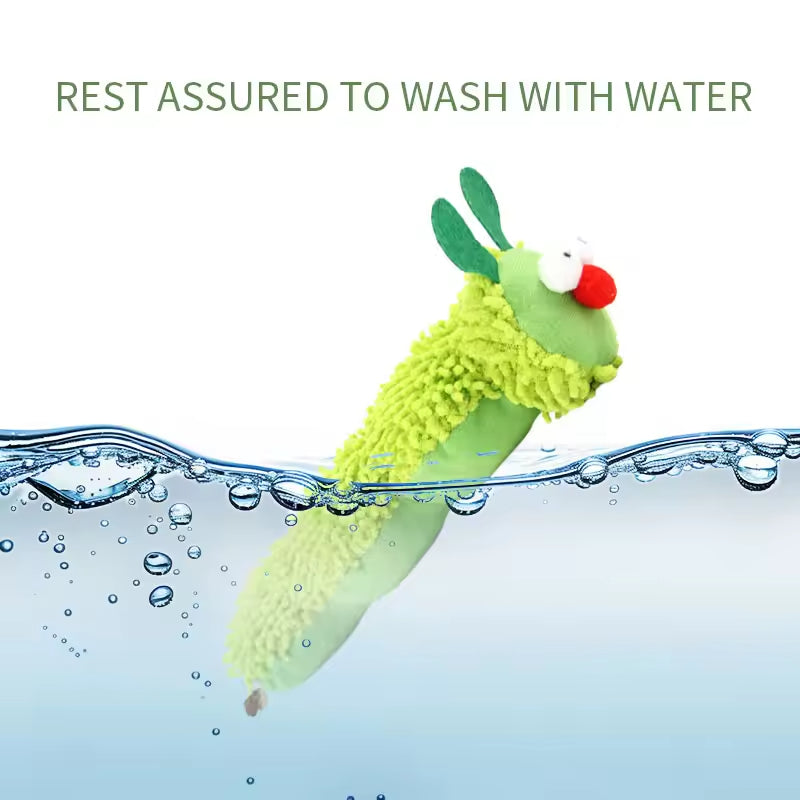 The Nekono caterpillar toy being washed in water to show its easy-to-clean material